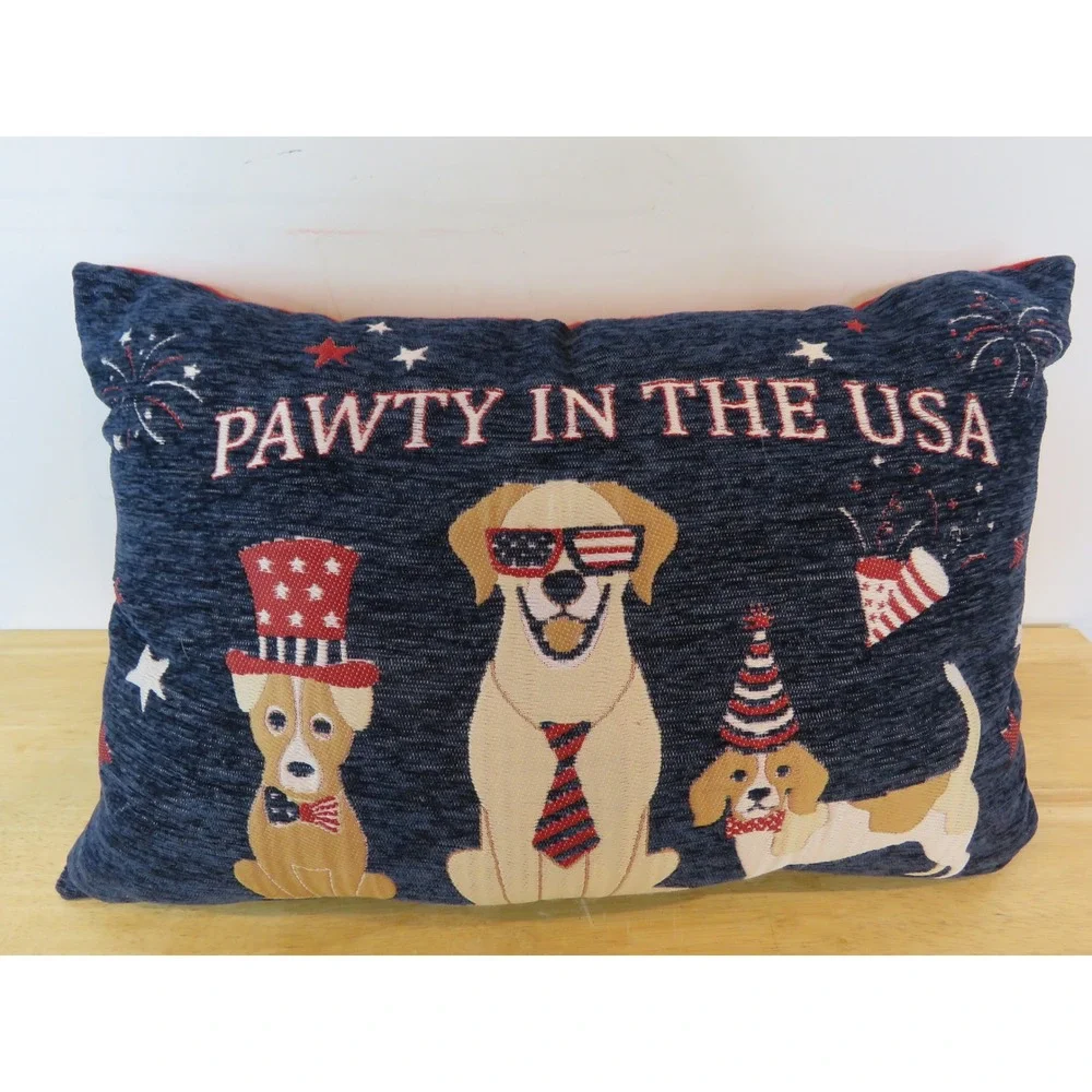 Pawty In The USA Patriotic Fourth of July Dog Lumbar Throw Pillow Navy Red